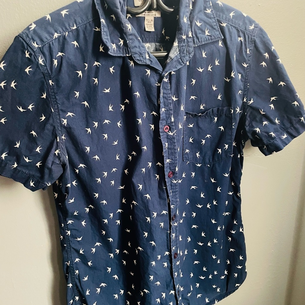 Navy Blue Bird Print Men's Shirt
